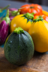 Fresh organic vegetables - round courgette, small eggplants, tomatoes, diet concept, Italian and French food, healthy food.