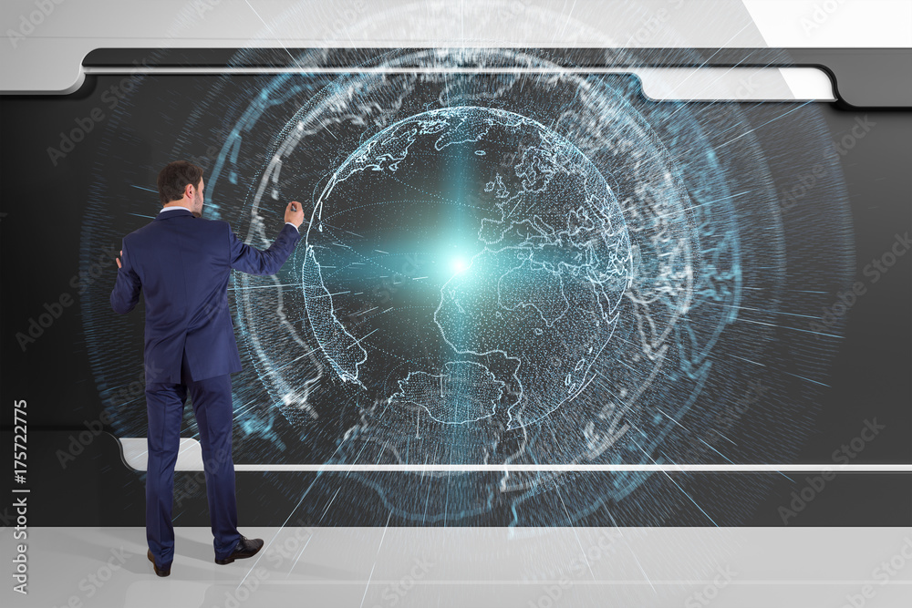 Aufkleber businessman using digital planet earth interface on a board 3d rendering