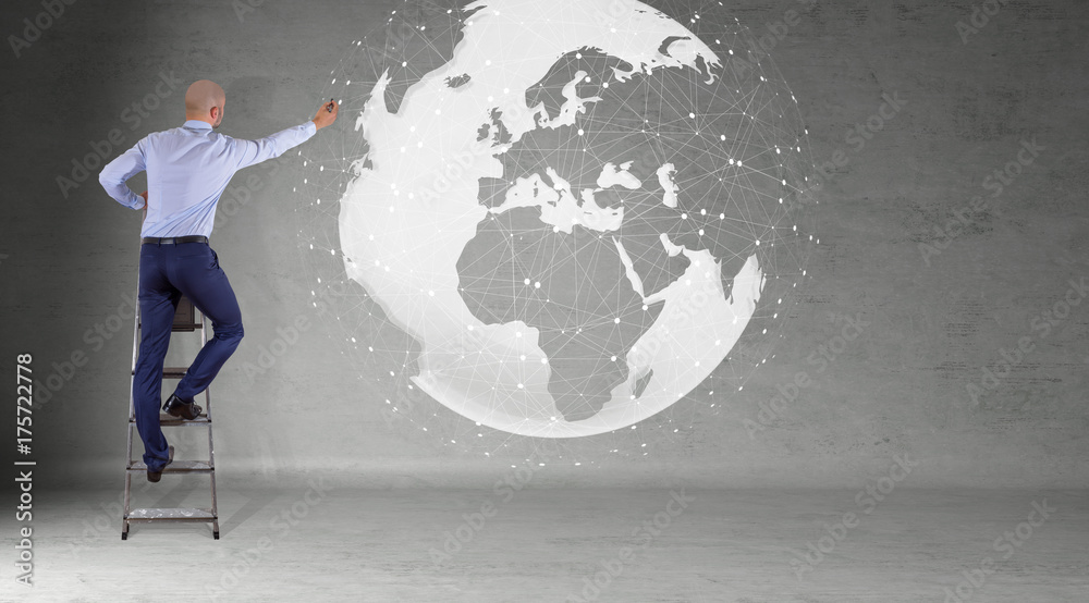 Aufkleber businessman using digital planet earth interface on a wall 3d rendering