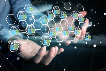 Businessman holding a hand-drawn antivirus system