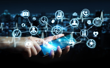 Businessman using digital medical interface 3D rendering