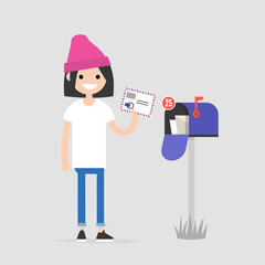 Young female character holding an envelope with the stamps. Paper letter. Correspondence / flat editable vector illustration, clip art