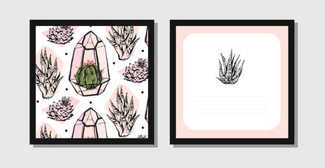 Hand drawn vector abstract creative unusual postcards or save the date cards template collection set with succulents in terrarium isolated on white background.Wedding,anniversary,birthday,invitations