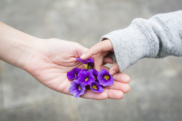 Parent and child hands handing flowers