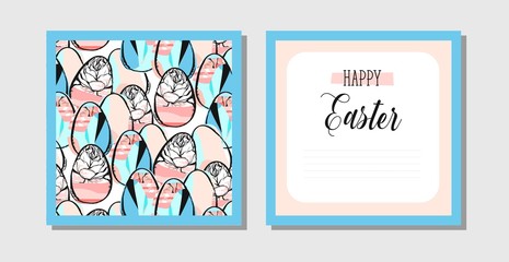Hand drawn vector abstract creative Easter greeting postcard design template with painted Easter eggs and spring flowers isolated on white background.Design for flayer,invitation,journaling
