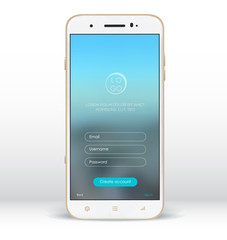 A mobile phone, a realistic distilled white gold smartphone, with a mobile application window design, a registration page. Vector illustration