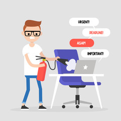 Troubleshooting, conceptual illustration. Young character trying to extinguish a fire on his workplace / flat editable vector illustration, clip art