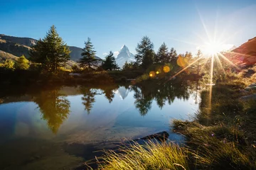 Foto op Canvas Great  panorama with famous peak Matterhorn. Location place Swiss alps, Grindjisee, Europe. Beauty world. © Leonid Tit