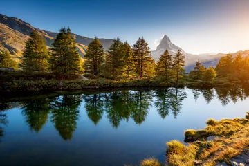 Rolgordijnen Great  panorama with famous peak Matterhorn. Location place Swiss alps, Grindjisee, Europe. Beauty world. © Leonid Tit