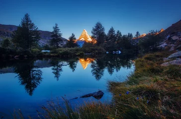 Tuinposter Great  panorama with famous peak Matterhorn. Location place Swiss alps, Grindjisee, Europe. Beauty world. © Leonid Tit