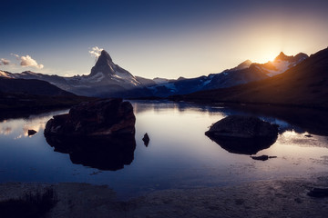 Fototapeta na wymiar Great panorama with famous peak Matterhorn. Location place Swiss alps, Stellisee, Europe.