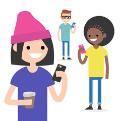 Mobile messenger concept. Social media. A group of young people with smartphones / flat editable vector illustration, clip art