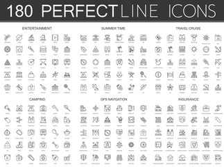 180 modern thin line icons set of entertainment, summer time, travel cruise, camping, gps navigation, insurance.