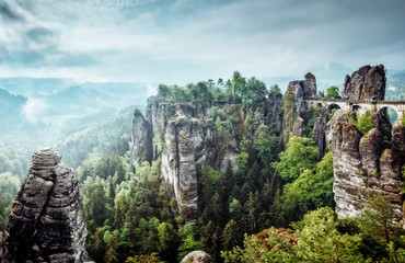 View of the Elbe Sandstone Mountains. Location place Saxony Switzerland national park, East Germany, Europe.