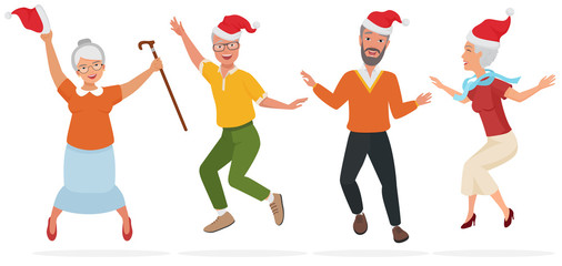 Vector illustration of adult people in Christmas hats having fun, dancing and jumping.