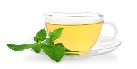 Cup of mint tea on white background