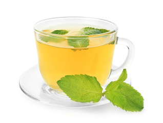 Cup of mint tea on white background
