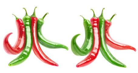 Isolated mixed peppers. Two bundles of hot red and green peppers isolated on white background with clipping path