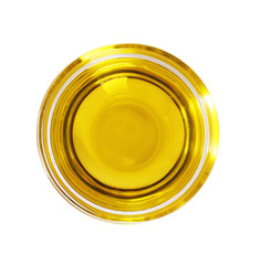 Glass bowl with olive oil on white background