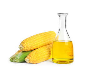 Glass bottle with corn oil and ripe cobs on white background