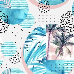 Poster Aquarel tropische bloemen geometrische vormen naadloze patroon. © Tanya Syrytsyna