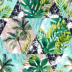 Photo sur Plexiglas Impressions graphiques Feuilles tropicales d& 39 aquarelle et palmiers dans le modèle sans couture de formes géométriques