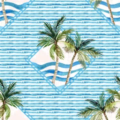 Zelfklevend Fotobehang Watercolor palm tree print in geometric shape on striped background. © Tanya Syrytsyna