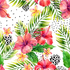 Poster Aquarel tropische bladeren en bloemen arrangement achtergrond. © Tanya Syrytsyna