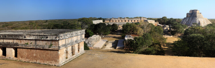 View on the Ball court and Pyramid of the Magician from Governor's Palace, Uxmal, Mexico 