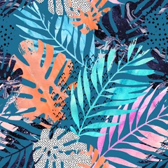 Foto auf Acrylglas Grafikdrucke Kunstillustration: trendige tropische Blätter gefüllt mit Aquarellschmutzmarmorbeschaffenheit, Gekritzelelementhintergrund.