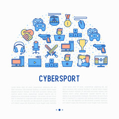 Cybersport concept in half circle with thin line icons: gamer, computer games, pc, headset, mouse, game controller. Modern vector illustration for banner, web page, print media.
