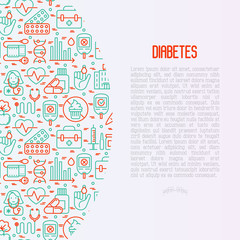 Diabetes concept with thin line icons of symptoms and prevention care. Vector illustration for background of medical survey or report, for banner, web page, print media.