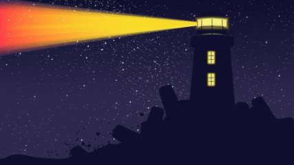 Lighthouse light operating at night with billion stars on the sky