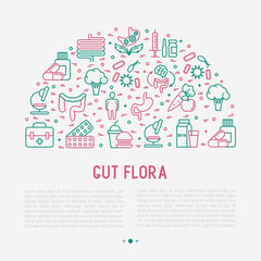 Gut flora concept in half circle with thin line icons: gut, bacteria, obesity, stomach, infection, depression, medicine. Vector illustration for background of medical survey or report.