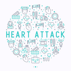 Obraz na płótnie Canvas Heart attack concept in circle with thin line icons of symptoms and treatments. Modern vector illustration for medical report or survey, banner, web page, print media.