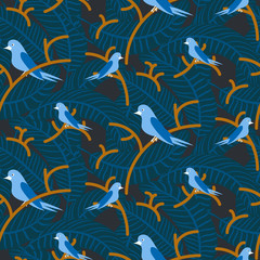 Fototapeta na wymiar Birds on branches with dense leaves blue dark pattern seamless vector. Nestlings on trees at night for print on fabric.