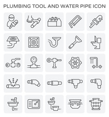 Fototapeta premium Vector line icon of plumbing tool and water pipe.