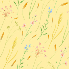 Watercolor wetland floral pattern with orange cane cattail pink susak umbrella water violet and reeds lake on peach-yellow background
