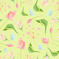 Obraz na płótnie Canvas Watercolor wetland floral pattern with yellow waterpoppy red marshlocks susak umbrella and green pistia on ivory background