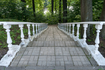 A staircase with a balustrade in the park. View from above.