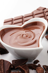 Melting chocolate or melted chocolate and chocolate swirl. stack and powder.