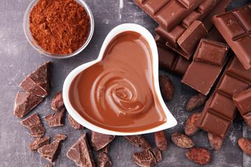Melting chocolate or melted chocolate and chocolate swirl. stack and powder.