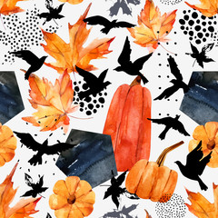 Autumn watercolor background: leaves, bird silhouettes, pumpkin, hexagons.