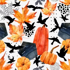 Poster Autumn watercolor background: leaves, bird silhouettes, pumpkin, hexagons. © Tanya Syrytsyna