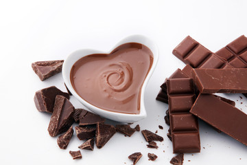 Melting chocolate or melted chocolate and chocolate swirl. stack and powder.