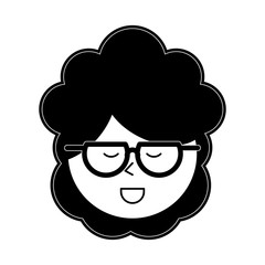 happy woman with glasses and curly hair icon image vector illustration design  black and white
