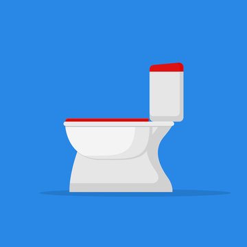 Toilet bowl flat style icon on blue background. Vector illustration.