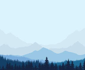 Panoramic view of winter mountain landscape with forest and with space for text, vector