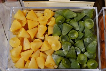 Colorful cone-shaped cuberdon candy in Belgium