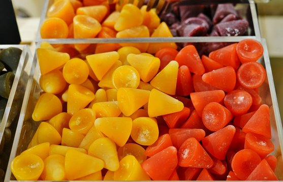Colorful cone-shaped cuberdon candy in Belgium